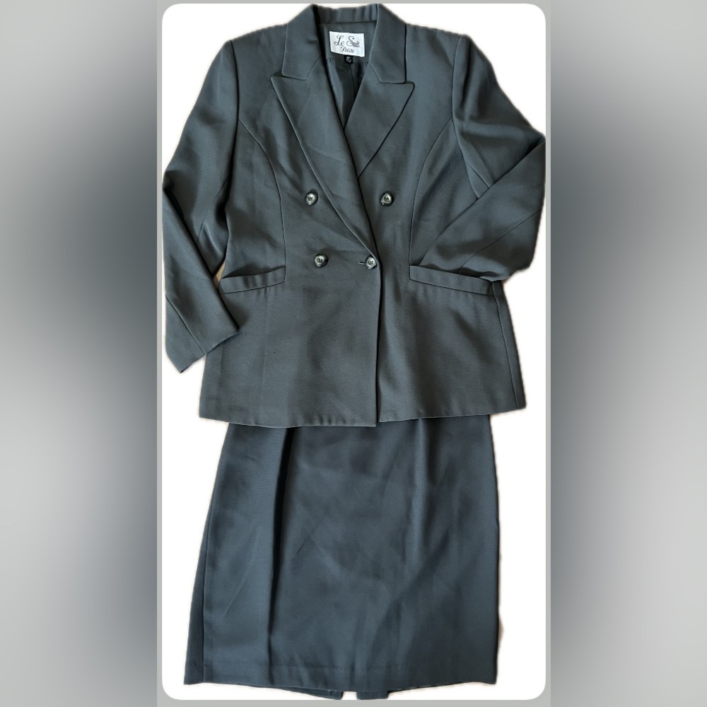 Le Suit Petite Green Double Breasted Vintage Skirt Suit Set